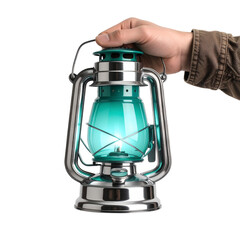 Teal vintage lantern held against dark background