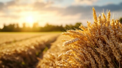 Beautiful close-up of golden wheat stalks in a vast field du sunset with clear sky and scenic rural landscape