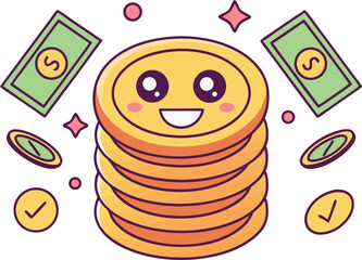 Cartoonish illustration of a cute stack of coins with cash vector illustration