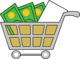 Shopping cart full of money and a blank white paper vector illustration