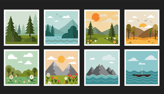 A collection of eight vector landscape illustrations showcasing diverse scenes from lush forests and serene lakes to vibrant flower fields and tranquil seascapes, ideal for design projects.