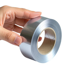 Transparent adhesive tape roll held in a hand against dark background