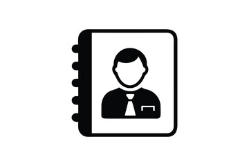 Fototapeta premium Simple black and white icon symbolizing a contact book or address book with a person s silhouette on the cover