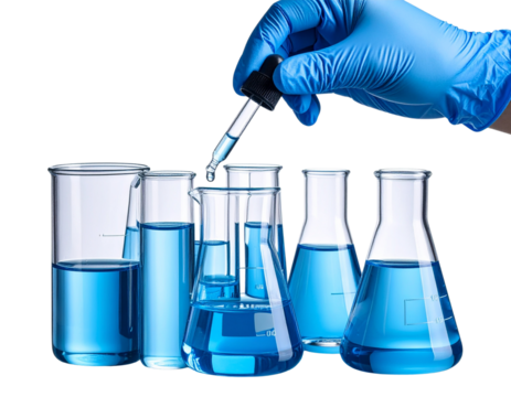 Gloved Hand Holding Dropper Over Glass Beaker, Transparent Background