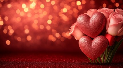 Sparkling red hearts among pink roses.