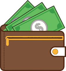 Wallet containing cash money currency with dollar symbol coins vector illustration