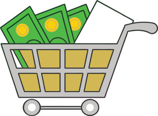 Shopping cart filled with money and a white paper vector illustration