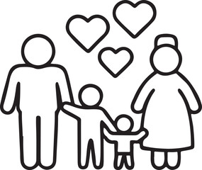 Grandparents with Children Icons, Flat Black Vector Art, Generations of Love, Family Bonding, Warm Home Moments Illustration