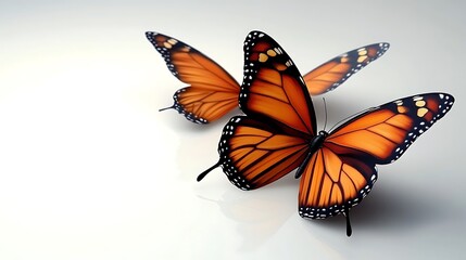 Two monarch butterflies on a white background.
