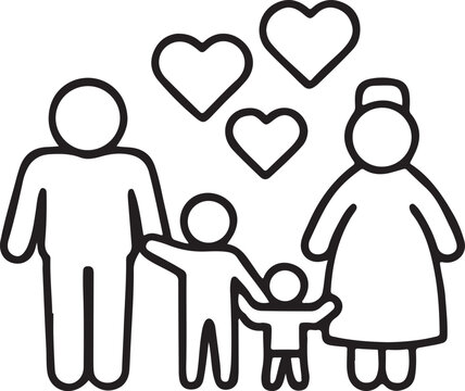 Grandparents with Children Icons, Flat Black Vector Art, Generations of Love, Family Bonding, Warm Home Moments Illustration