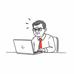 Frustrated man working on laptop at desk in office setting  