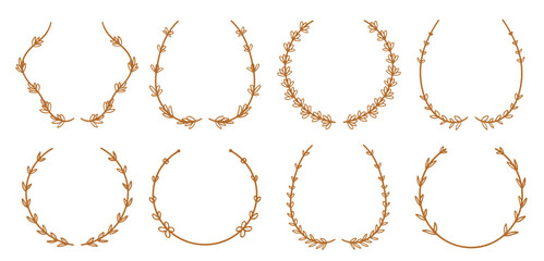 Lavender flowers and vines line circle laurel wreath collection in brown. Vector illustration.