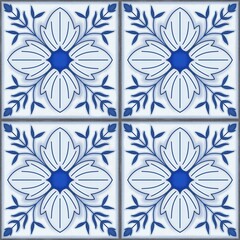 Seamless pattern blue white Portuguese azulejo tile with gray grout, colorful faux ceramic tile 