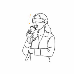 Fototapeta premium Woman with blindfold tasting beverage while smiling in a minimal style 