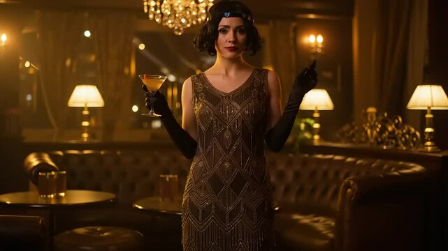 Elegant woman in vintage attire holding a cocktail