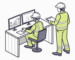 Factory worker adjusting robotic arm controlled by PLC system in automated assembly line isometric illustration.