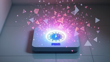 A bathroom scale bursting into geometric shards, exposing a holographic display of body metrics
