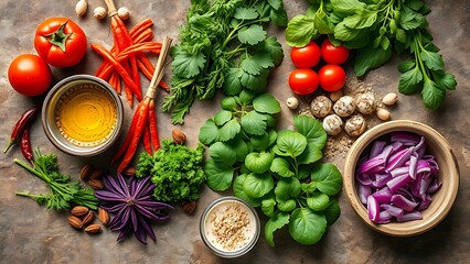 Vibrant Asian ingredients arranged on a rustic stone surface with fresh herbs and spices.