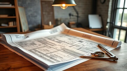 Architectural blueprints spread on a drafting table, tools nearby, showcasing creative workspace organization.