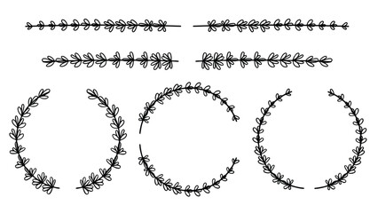 Lavender flowers line drawing divider and circle collection. Vector illustration.