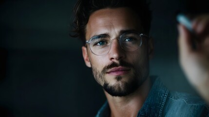 Startup founder writing on a glass board with a marker in soft lighting
