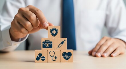 Health Insurance Visual: A composed individual meticulously arranges blocks depicting health symbols, creating a visual representation of health, insurance.