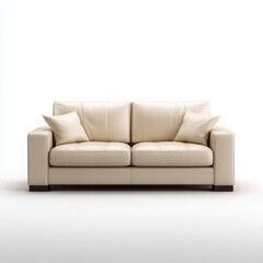Cream Leather Two-Seater Sofa with Pillows