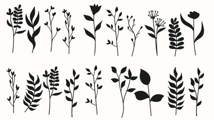 Silhouette tree branch ,leaves and flowers nature collection.