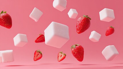 Strawberries and Marshmallows Floating on Pink Background