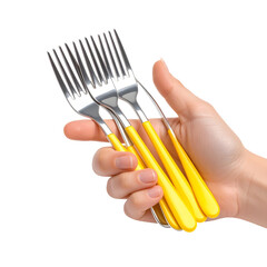Yellow handled forks close up image