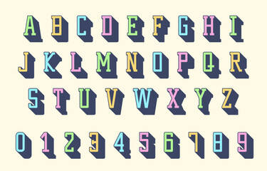 Multicolor Shadow Serif Alphabet and Numbers on Beige Background