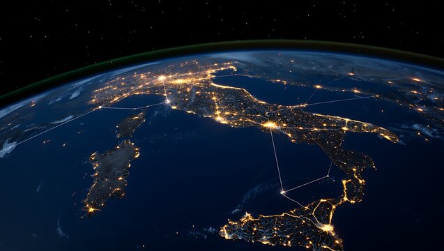 Illuminated Italy night network connections earth cities