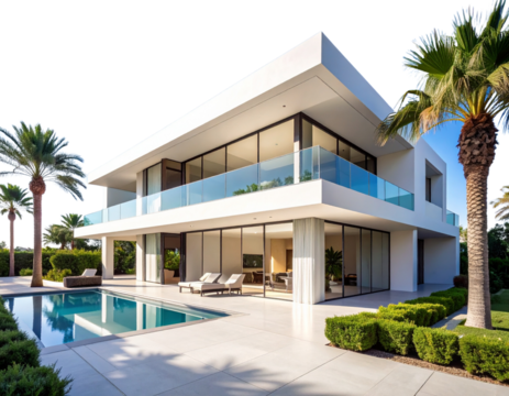  Luxury Modern Villa with Palm Trees and Glass Facade, Dubai Style, Daylight View