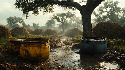 Large, weathered containers by a muddy path in a rural landscape.