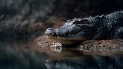 Fototapeta premium Crocodile resting near riverbank with daylight reflection