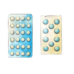 Set of blister pack with pills on white background. Colorful packaging of blue and yellow pills. Top down view. Outline watercolor sketch for healthcare, pharmacy and medicine design