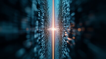 Blurry image of a line of dots with a bright orange dot in the middle. Concept of motion and energy, as if the dots are moving through space. The orange dot stands out against the blue background