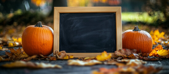 Blank chalkboard with pumpkins during fall season