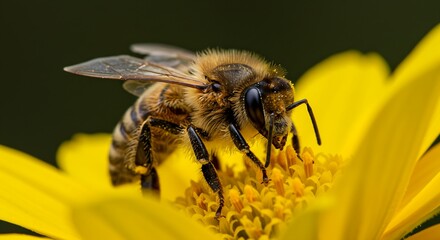 Macro Honeybee Collecting Nectar on Vibrant Sunflower with Pollen Details AI Generative