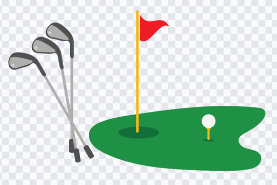 Golf green course with flag, flagstick, golf clubs and golf ball icon. Vector illustration.