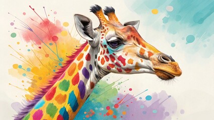 giraffe picture with colorful watercolor spots and splashes