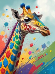 giraffe portrait on a colored background with splashes of colors