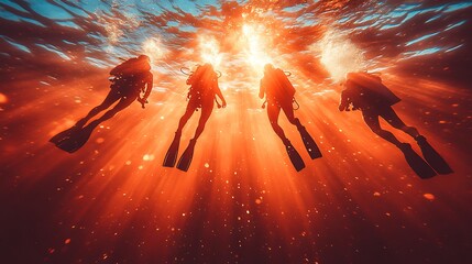 Sunbeams illuminate scuba divers underwater.
