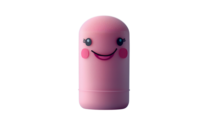 Adorable pink lipstick tube with smiling cartoon face – kid-friendly cosmetic design. Transparent PNG.