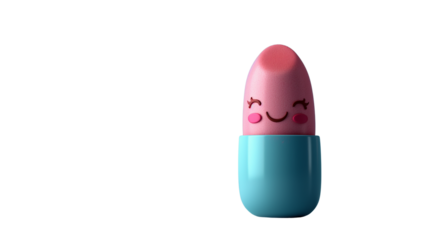 Cute pink lipstick character with smiling face & designed for kids’ cosmetic branding or playful design content. Transparent PNG.