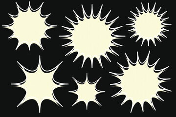 Cartoon starburst speech bubbles collection on black background. Vector illustration.