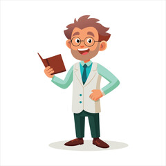 Cartoon scientist is reading a book isolated on white background