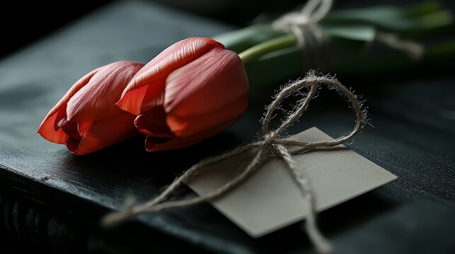 Bouquet of red tulips sits on a table next to a white card with a ribbon tied around it - Powered by Adobe
