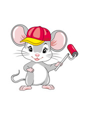 Smiling mouse with a paint roller in his hand
