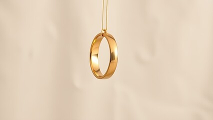 Golden wedding rings hanging gracefully against a simple linen background, symbolizing love and commitment.